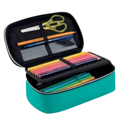 Estojo azul turquesa aberto com lápis de cor, tesoura, régua, caneta e lápis dentro