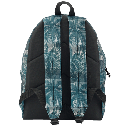 Mochila azul e cinza padrão folhas vista traseira com alças pretas acolchoadas