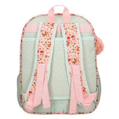 mochila cinza com padrão floral rosa e alças ajustáveis
