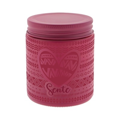 Frasco rosa com padrões geométricos e texto Sente