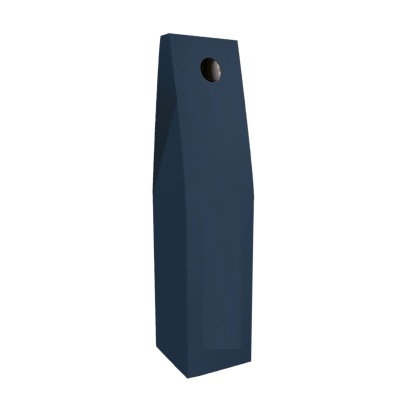 Embala azul escura tipo saco estreito com botão preto na aba superior