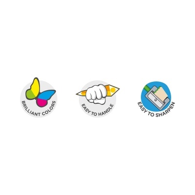 Três ícones ilustrativos com textos sobre cores brilhantes, fácil de segurar e fácil de apontar