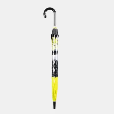 Guarda-chuva fechado amarelo, branco e preto com cabo curvo preto