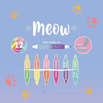 Marcadores coloridos 'meow' com 12 cores e pontas dupla chisel, fundo azul com patas coloridas