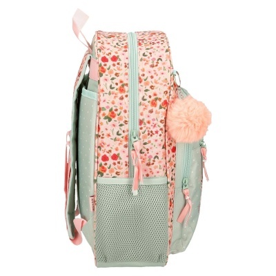 Mochila floral rosa e verde com pompom