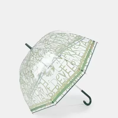 Guarda-chuva transparente com padrão de letras e borda verde