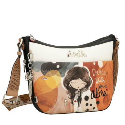 Mala de ombro Anekke com alça castanha e design abstrato com rapariga e texto