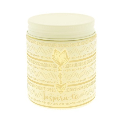 Frasco cilíndrico com tampa branca e rótulo bege com padrões dourados e texto Inspira-te.