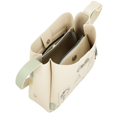 Mala bege com alça verde clara e estampas frontais