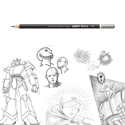 Lápis preto de desenho com várias ilustrações a lápis
