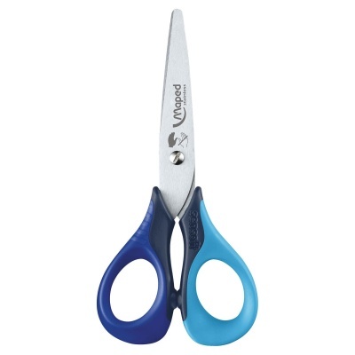 Tesoura escolar com pega azul escuro e azul claro e lâminas de aço inoxidável