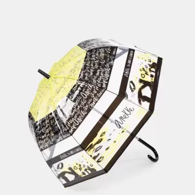 Guarda-chuva amarelo, preto e branco com letras e cabo em gancho preto