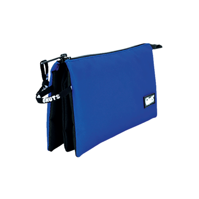 Estojo azul GHUTS com divisórias internas e fecho de correr preto.
