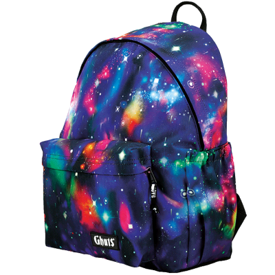 Mochila colorida com padrão de galáxia e bolso frontal