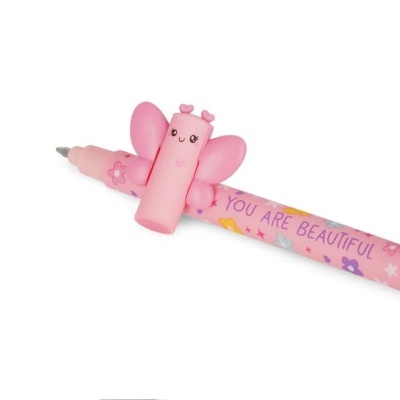 Caneta rosa com tampa em forma de borboleta e texto YOU ARE BEAUTIFUL