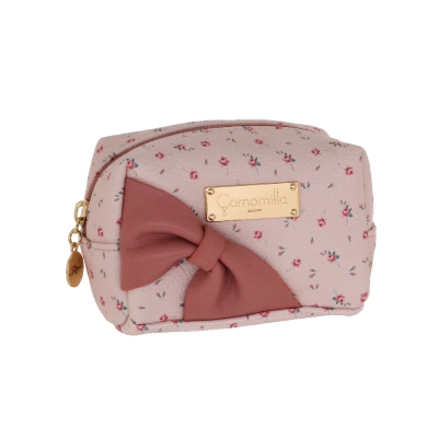 Necessaire rosa claro com padrão floral, laço e placa dourada Camomilla Milano
