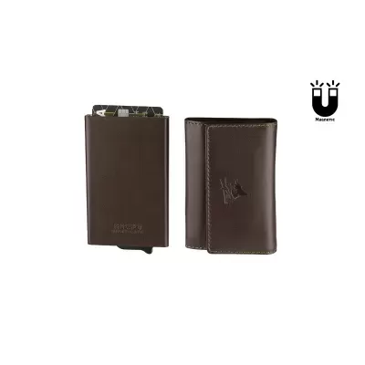Carteira castanha de pele com suporte magnético e cartões, vista aberta e fechada