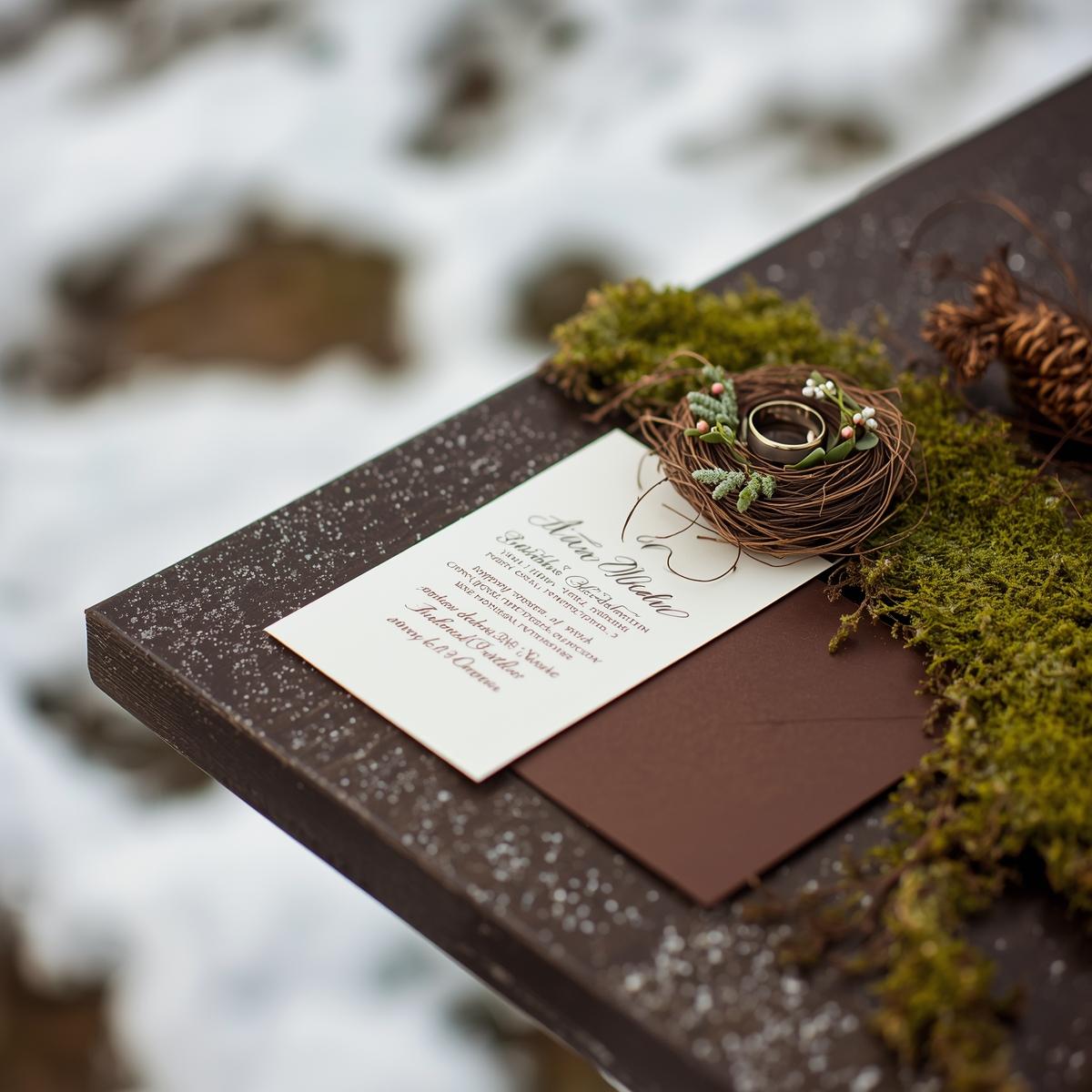 Casar no Inverno Convite de casamento com alianças e decoração de ninho em ramos sobre mesa marrom com musgo