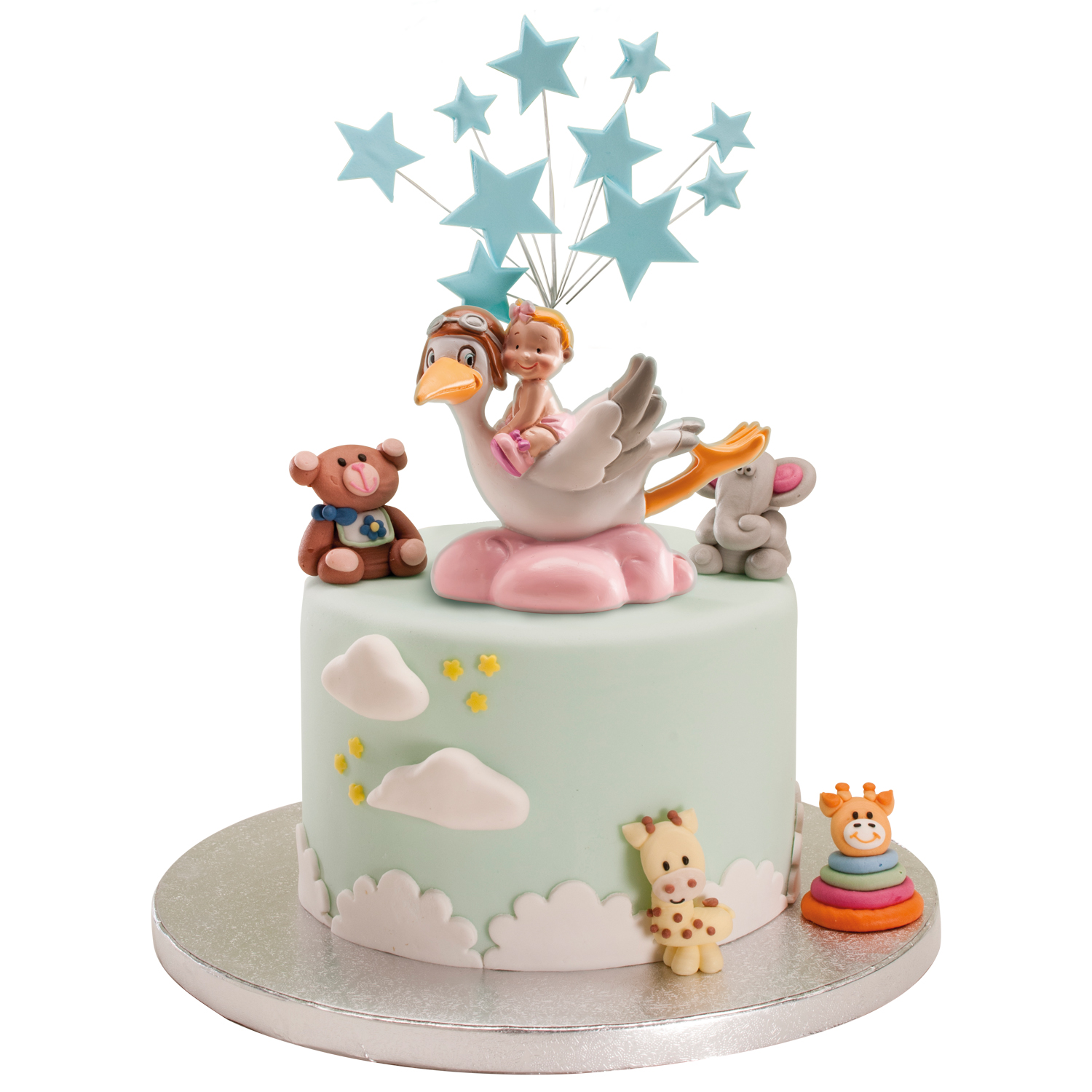 Cegonha com menina em núvem rosa Bolo decorativo verde claro com fantasia de cegonha e bonecos de animais