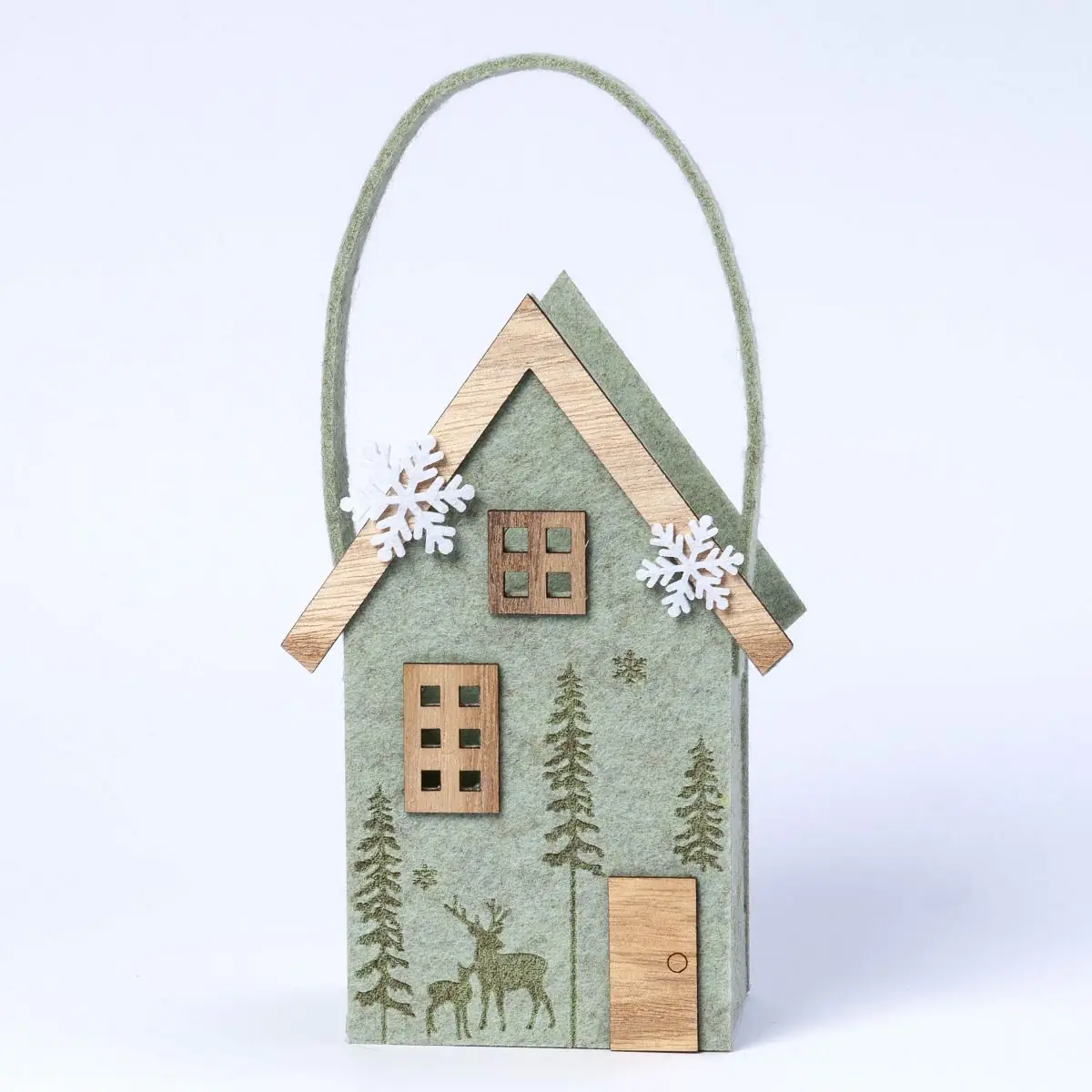 Cesta de feltro casa verde Casa decorativa de Natal verde com detalhes em madeira e flocos de neve brancos
