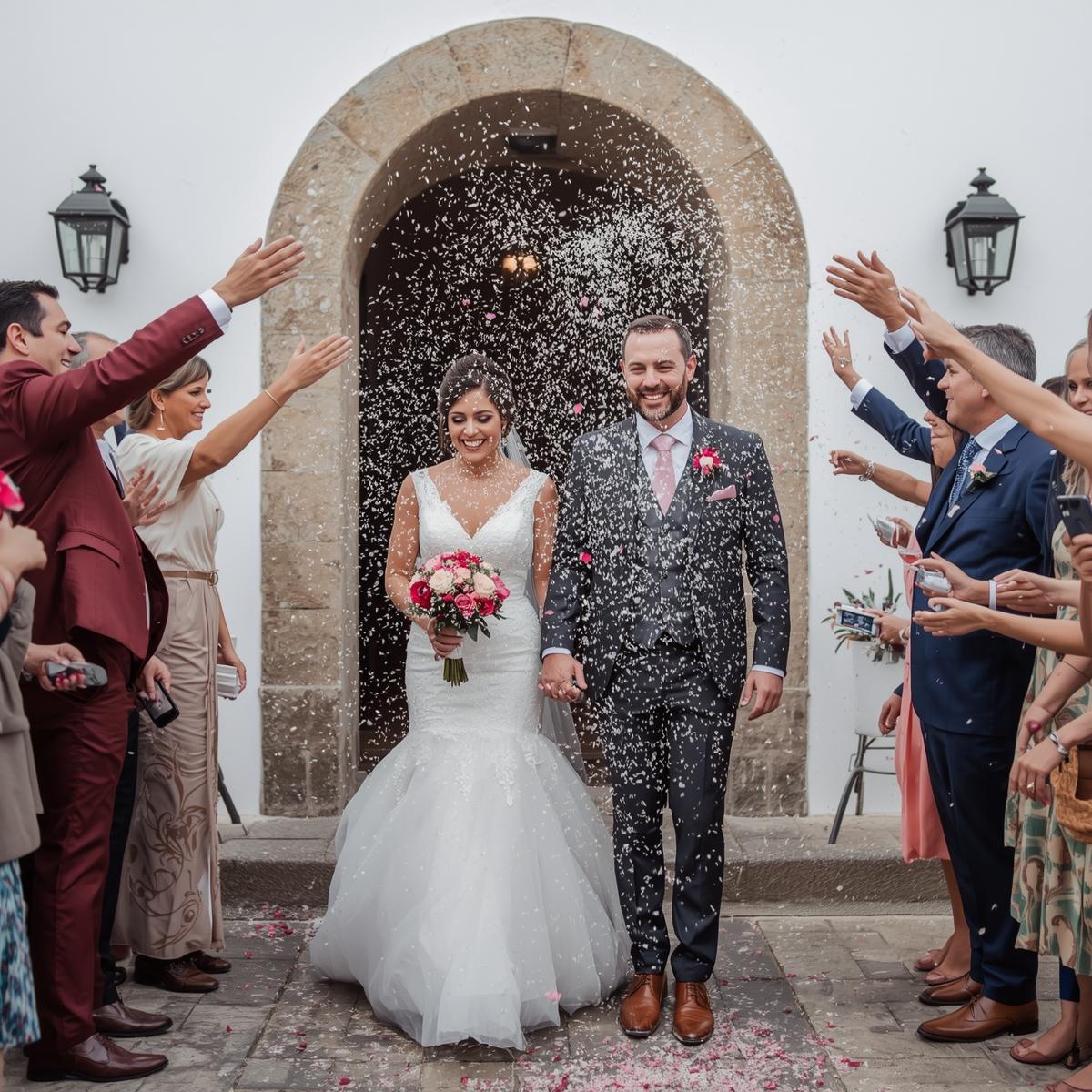 Tendências em Convites de Eventos Religiosos e Familiares — Guia 2026 Noivos vestidos formalmente a sair de edifício com arco, convidados a lançar confetes.