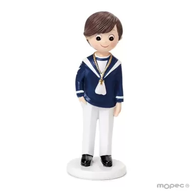 Figura decorativa de menino vestido em traje azul e branco com corrente dourada