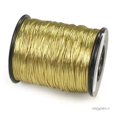 Rolo de fio dourado metálico enrolado num carretel preto