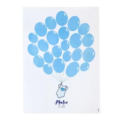 Pôster branco com ilustração de balões azuis e mapa cinzento com texto Mateo 1.25.2021