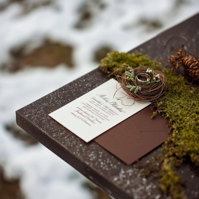 Convite de casamento com alianças e decoração de ninho em ramos sobre mesa marrom com musgo