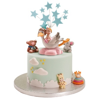 Cegonha com menina em núvem rosa