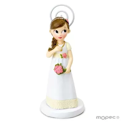 Estatueta de menina com vestido branco e flores cor-de-rosa