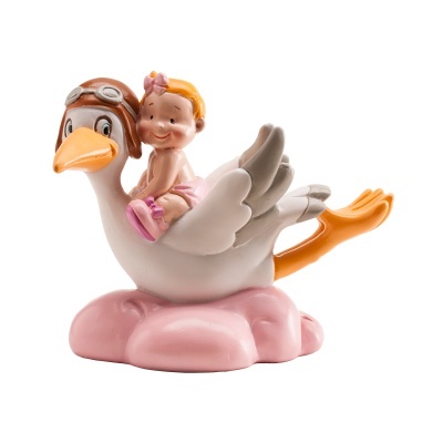 Figura decorativa de bebé sentado num pato voador cinzento com base rosa