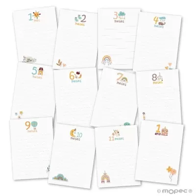 Cartões mensais infantis brancos com números e ilustrações coloridas