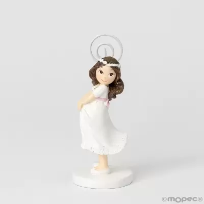 Figura decorativa de menina grávida em porcelana com vestido branco e fita rosa