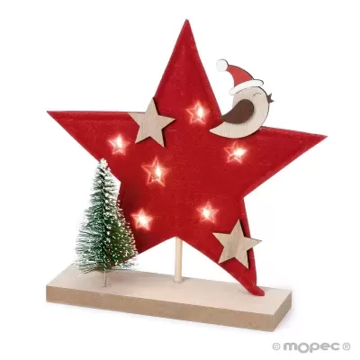 Estrela de feltro com LEDS e base em madeira