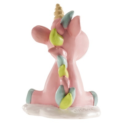Figura decorativa de unicórnio rosa com crina colorida e base branca