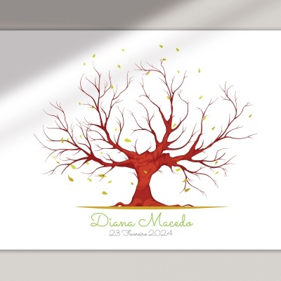 Cartaz ilustrado com árvore vermelha em fundo branco, texto Diana Macedo 23 Outubro 2004