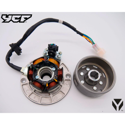 Estator com bobinas de cobre e rotor metálico prateado com fios coloridos com conector branco