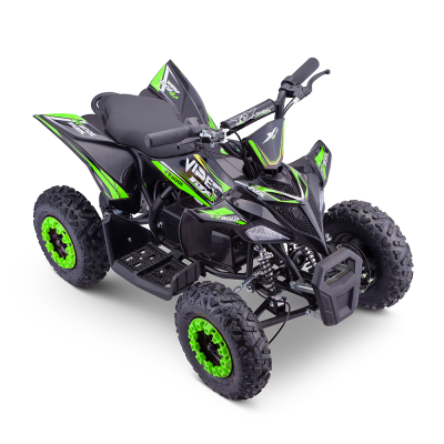 Quad ATV infantil preto e verde com pneus grossos e assento acolchoado.