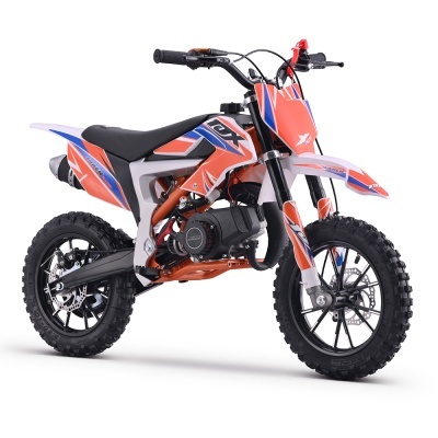 Motocross infantil laranja, branco e azul com pneus pretos e texto X TEC.