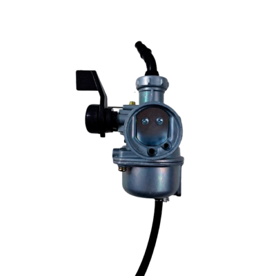 Carburador metálico cinzento com tubo preto e fundo branco