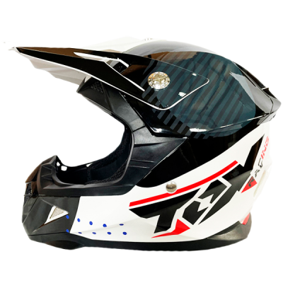 Capacete integral para mota branco, preto e vermelho com texto TEAM RACING