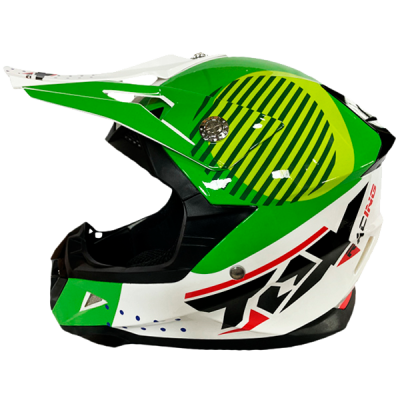 Capacete de motocross verde, branco, preto e vermelho com texto TX 4RACING na lateral