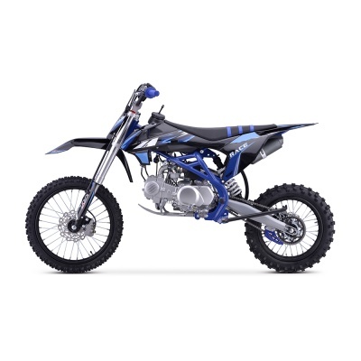 Motocross preto e azul com estrutura metálica azul e pneus de cravos.