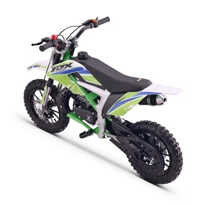 Motocross infantil verde, branco e azul com texto TOX RACING e TAKER