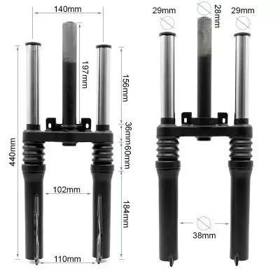 Componentes metálicos pretos com medidas em milímetros indicadas
