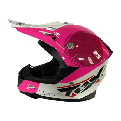 Capacete de motocross rosa, branco e preto com detalhes gráficos