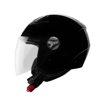 Capacete preto para motociclista com viseira transparente e fecho vermelho