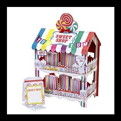 Loja de doces em miniatura colorida com texturas de papel e sinais coloridos
