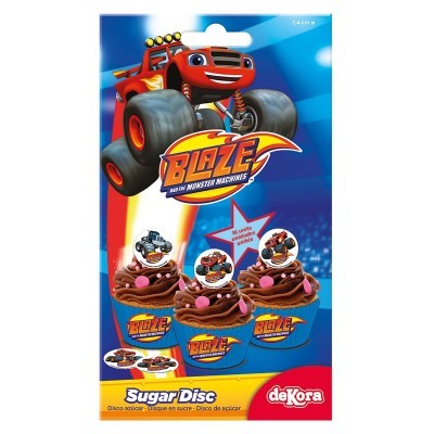 Embalagem de disco de açúcar com decoração Blaze and the Monster Machines para cupcakes.